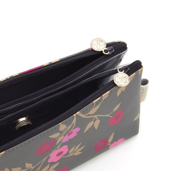 Folding makeup bag with separate compartments in charcoal blossom pattern