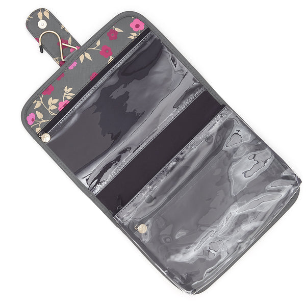 Kate Hanging wash bag with detachable travel pouch in charcoal floral pattern