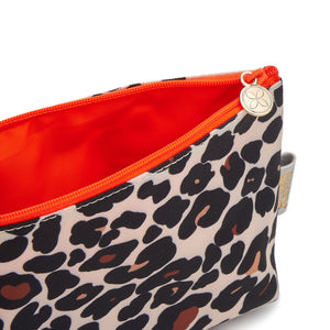 small makeup bag detail leopard print tan with orange zip