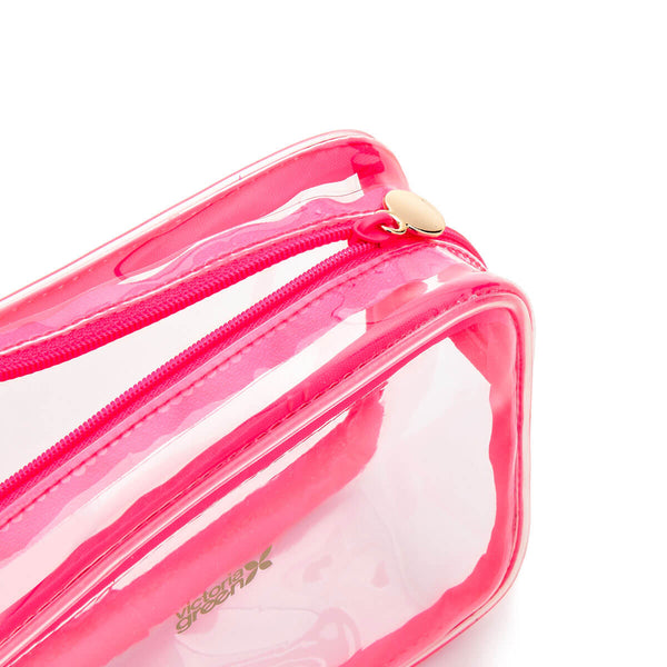transparent makeup bag with pink trim and zip