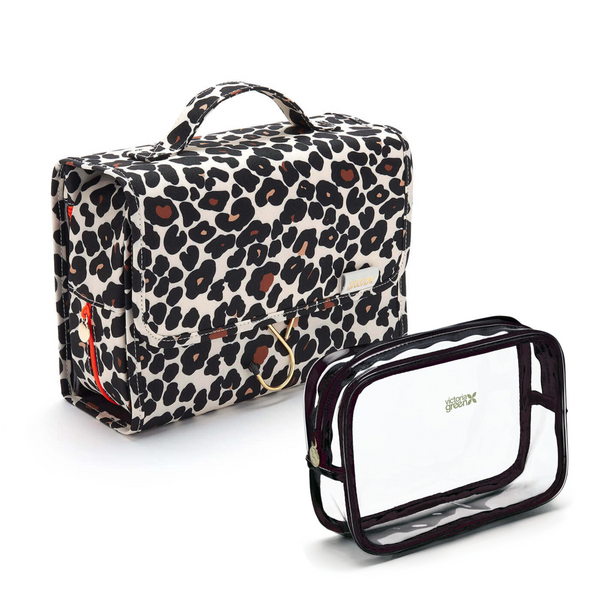'Emma' 3 in 1 Hanging Wash Bag in Leopard Tan + Small Clear Beauty Kit Case Set