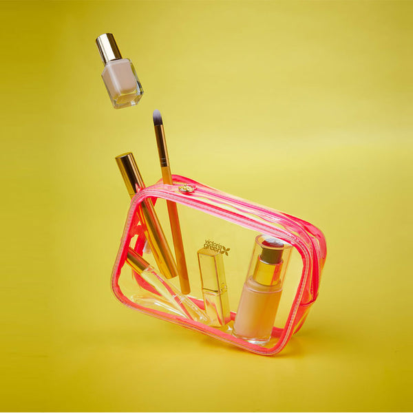 clear makeup bag with cosmetics