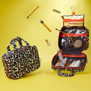 Charlotte hanging wash bag in leopard print fabric