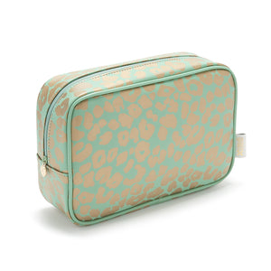 wash bag or large makeup bag in green leopard print