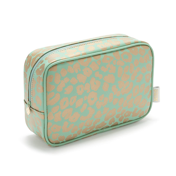 wash bag or large makeup bag in green leopard print