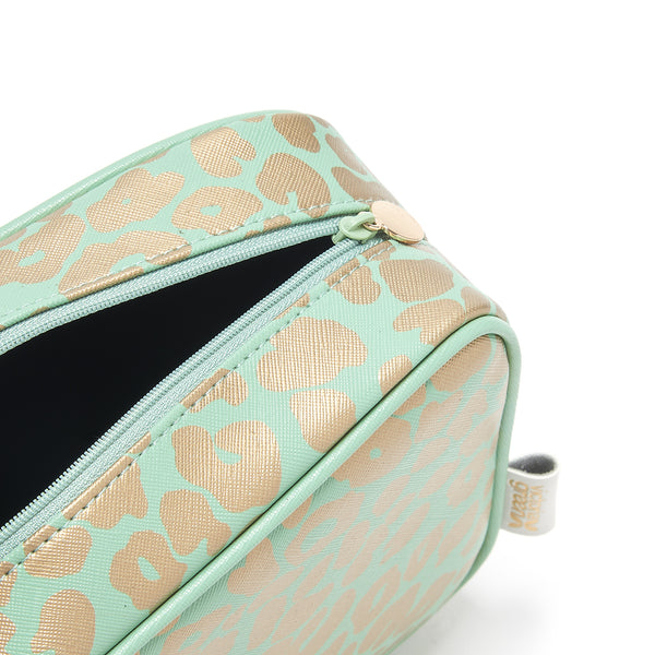 ladies wash bag with waterproof lining in green and gold leopard print