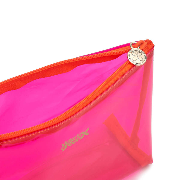 clear makeup bag pink with orange zip detail