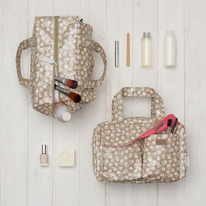 large travel wash bag women's with handles and pockets in starflower sage print