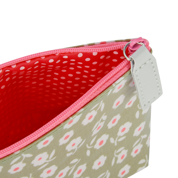 Makeup bags UK lined inside detail in daisy sage pattern 