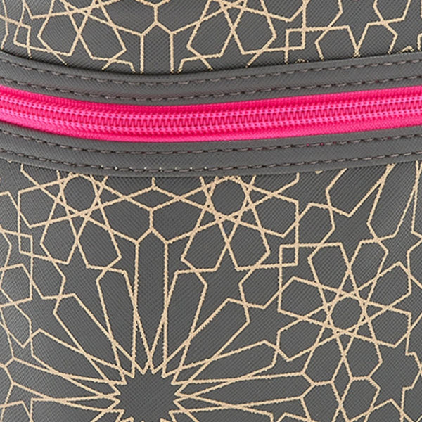 vanity case in mandala charcoal print close up and pink zip