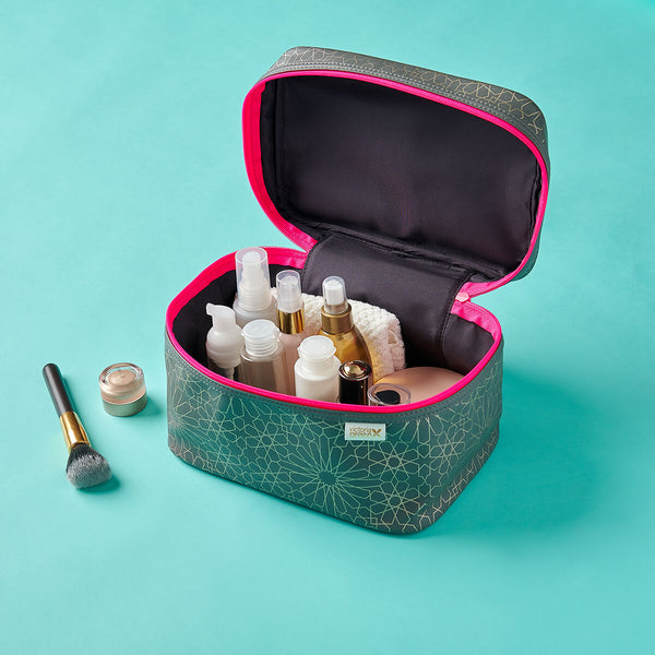 vanity case interior with toiletries in mandala charcoal print