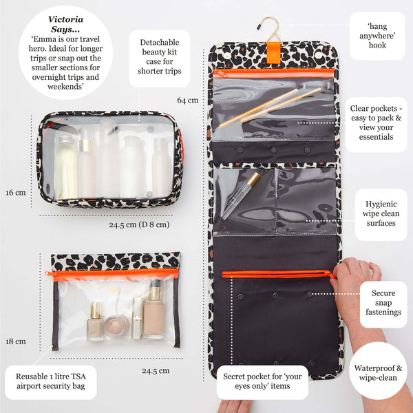 'Emma' 3 in 1 Hanging Wash Bag in Leopard Tan
