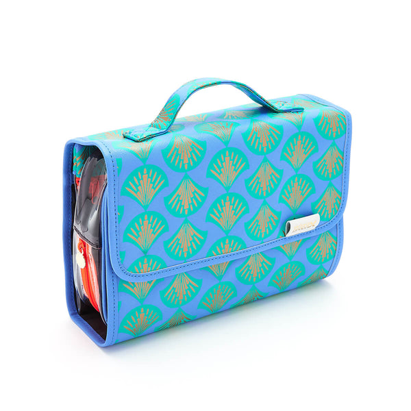 hanging wash bag in blue shell print