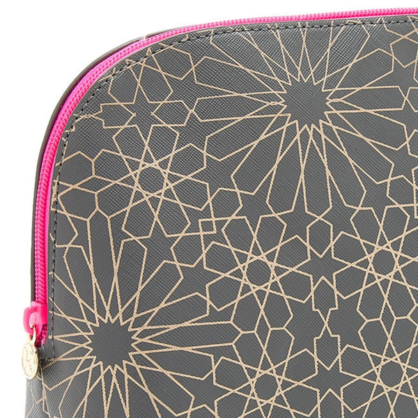 large makeup bag in charcoal mandala with bright pink zip