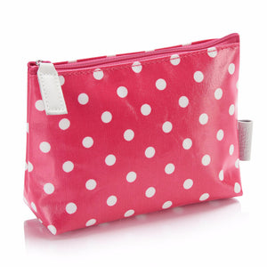 red polka dot make-up bag with zip pull