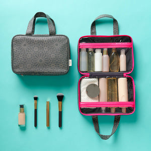 folding wash bag with toiletries and make up brushes in mandala charcoal