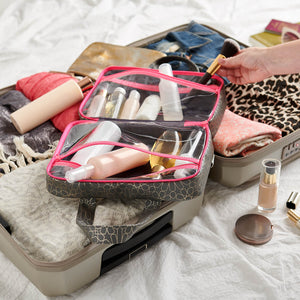 folding wash bag packed for holiday in suitcase in mandala charcoal