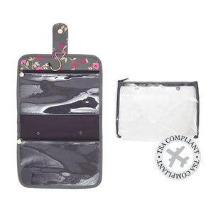 hanging wash bag with TSA approved airport security bag by Victoria Green blossom