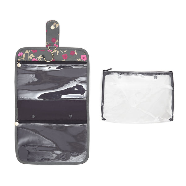 hanging beauty makeup bag with detachable clear makeup bag in floral pattern