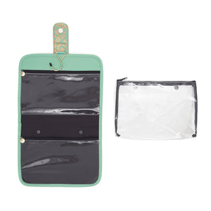 hanging beauty makeup bag with separate airport security bag in green