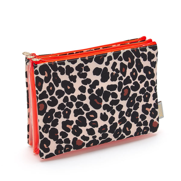 Amy travel makeup bag  with clear makeup bag in tan leopard print