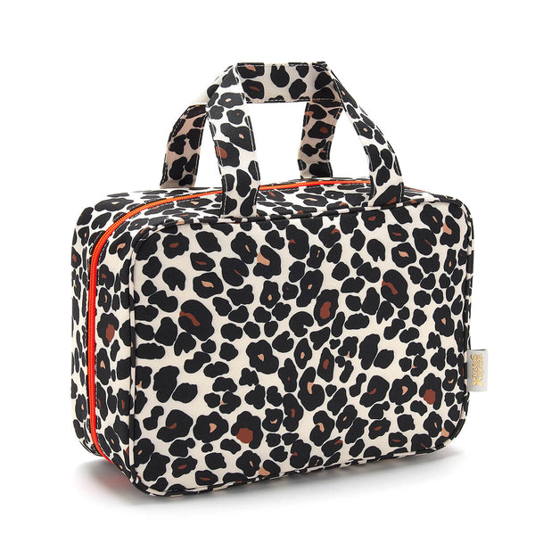 Hanging toiletry bag in tan leopard by Victoria Green