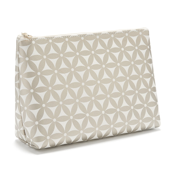 large makeup bag with pattern in gold