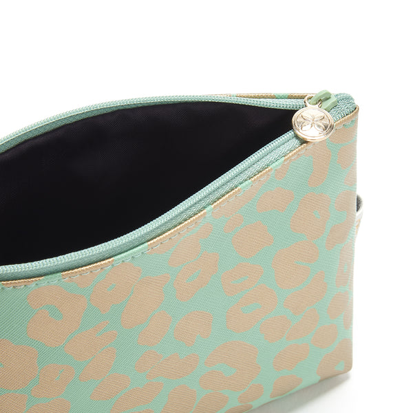 Small makeup bag with zip fastening in green and gold leopard print