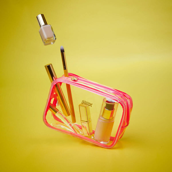 transparent makeup bag with cosmetics inside