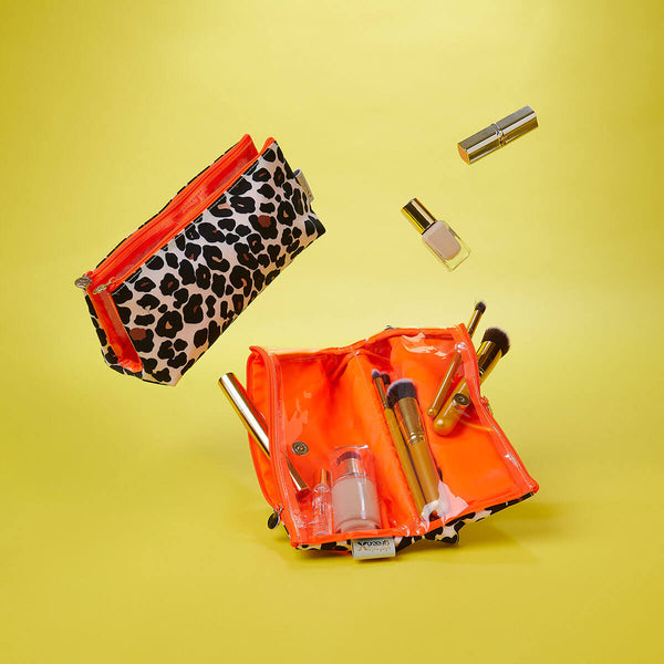 leopard print makeup bag with compartments for cosmetics 