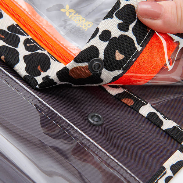 Removing airport liquids bags from hanging wash bag tan leopard by Victoria Green