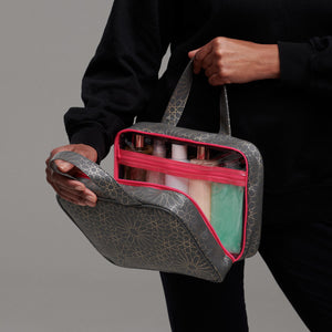 folding wash bag with toiletries inside