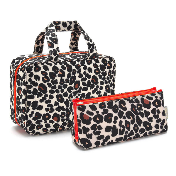 'Charlotte' Hanging Traveller Wash Bag in Leopard Tan