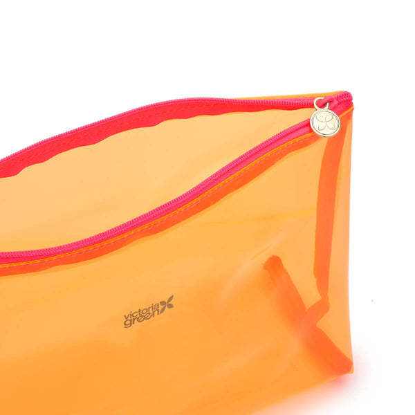 clear toiletry bag large orange with pink zip detail