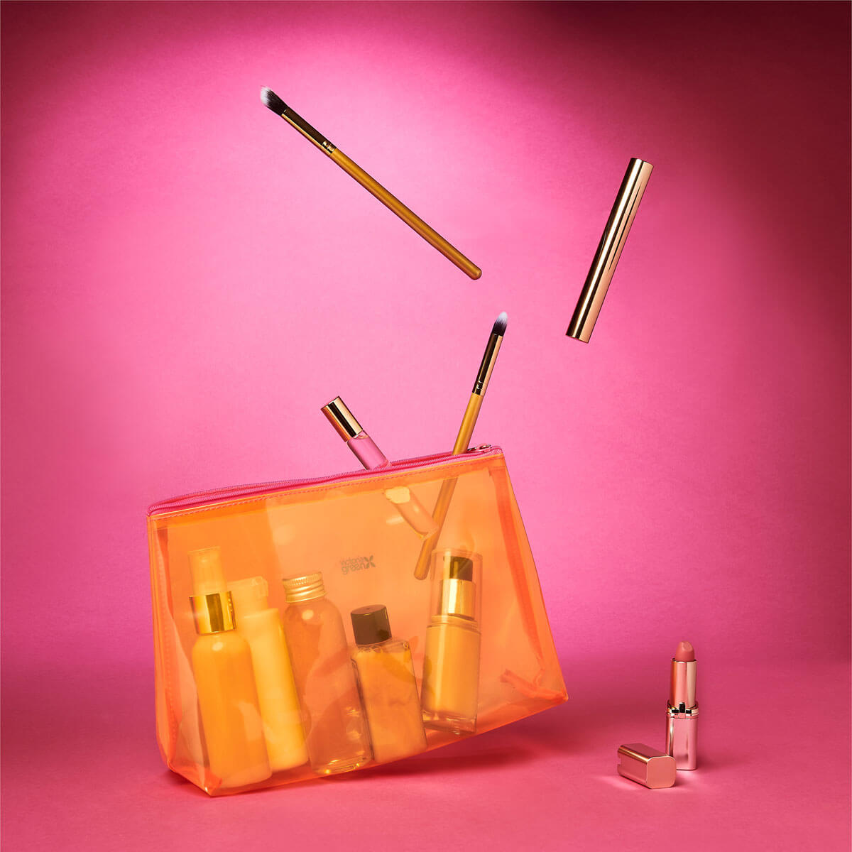 'Mia' Large Clear Toiletry Bag Orange Victoria Green