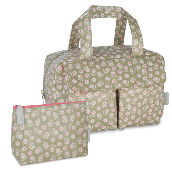 'Daisy' Carry All Wash Bag + Small Makeup Bag Set in Sage