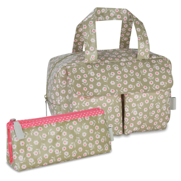 'Daisy' Carry All Wash Bag + Folding Makeup Bag Set in Sage