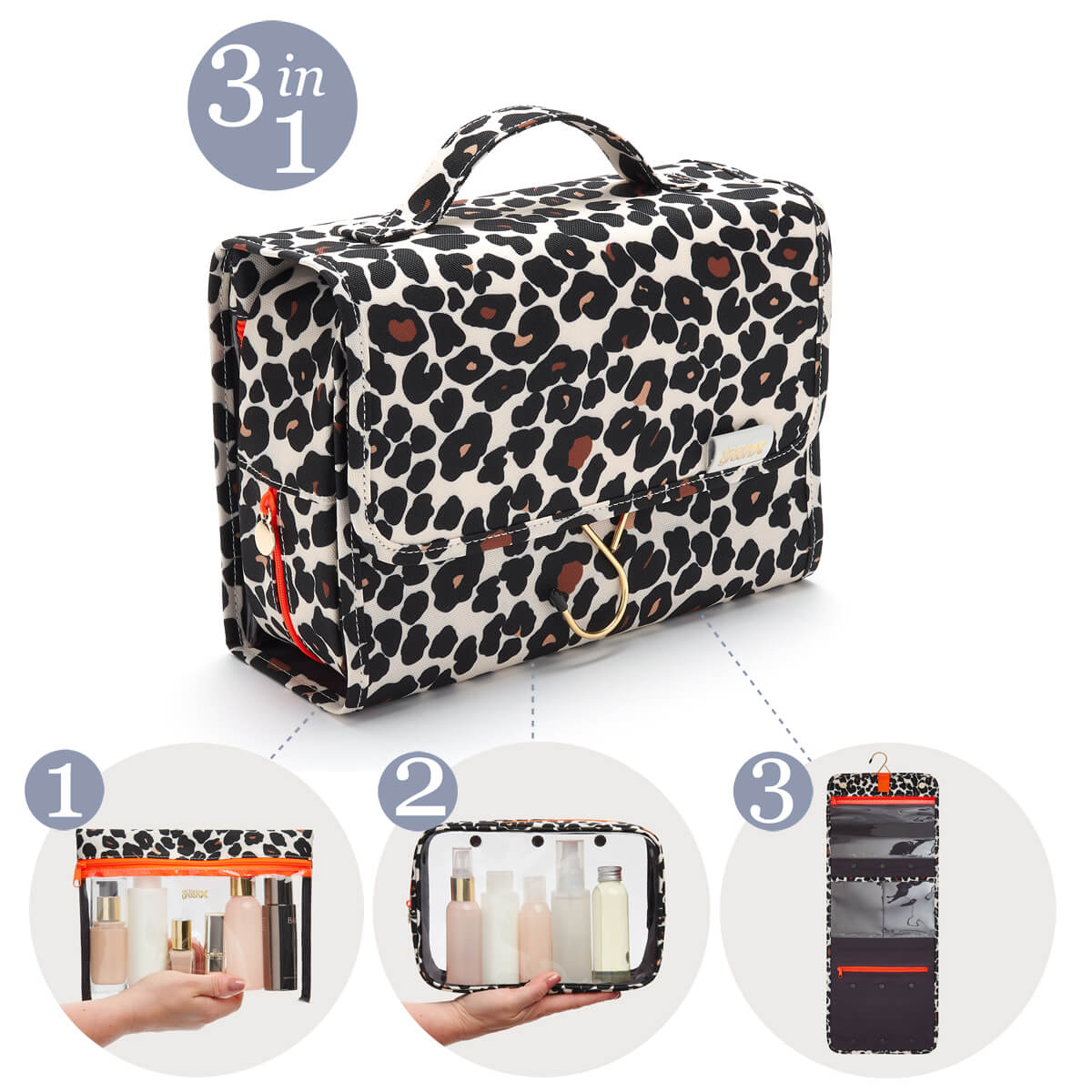 emme the original emme cosmetic and toiletry travel bag Emma' 3 in 1 Hanging Wash Bag in Leopard Print