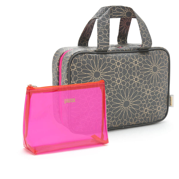 folding wash bag and small clear makeup bag in pink