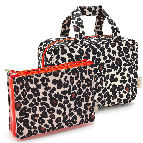 'Charlotte' Hanging Traveller Wash Bag + 'Amy' 3 in 1 Makeup Wallet Set in Leopard Tan