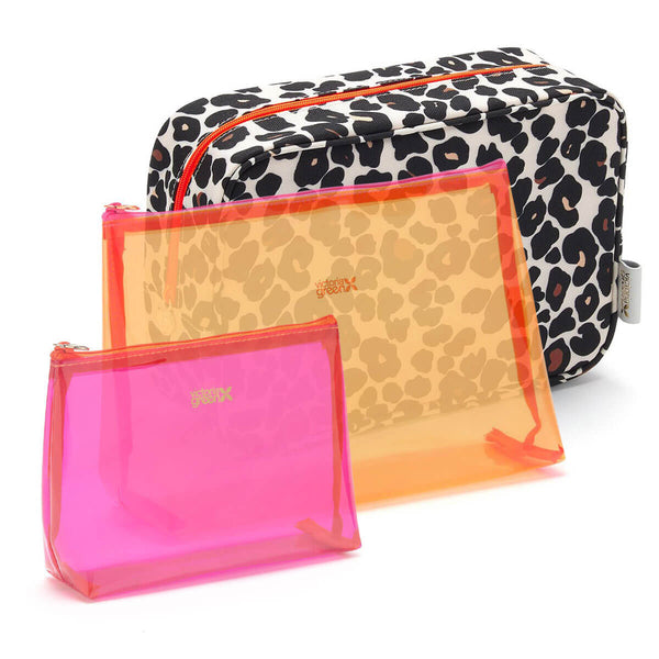 3 Piece Makeup Bag Set in Leopard Tan